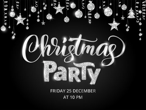 Christmas party poster template, silver on black. Glitter border, garland with hanging balls and ribbons.