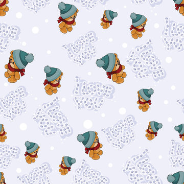 Seamless pattern with a cute brown teddy bear leaving traces on the snow with a lettering form I love you, vector cartoon illustration. Wallpaper print, template for childrens textiles, wrapping paper