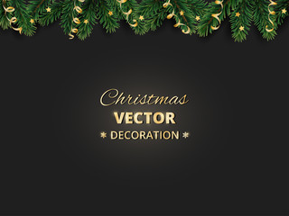 Winter holiday background. Border with Christmas tree branches and ornaments.