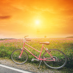 Fototapeta na wymiar beautiful landscape image with pink bicycle at sunset