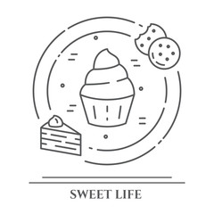 Cakes and cookies theme horizontal banner. Pictograms of pie, brownie, biscuit, tiramisu, roll and other dessert related elements Line out symbols Simple silhouette Editable stroke