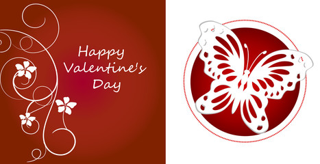 birthday greeting card valentine's day holiday love tenderness purity red butterfly circle hearts bows pearls inscription white background