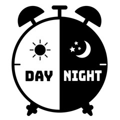 silhouette clock icon on a white background  use for children alarm,24 hours service,day and night text on clock silhouette shape