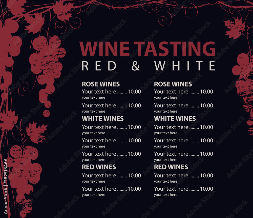 Poster vector menu for wine tasting with price patterned vine and bunch of grapes on the black background