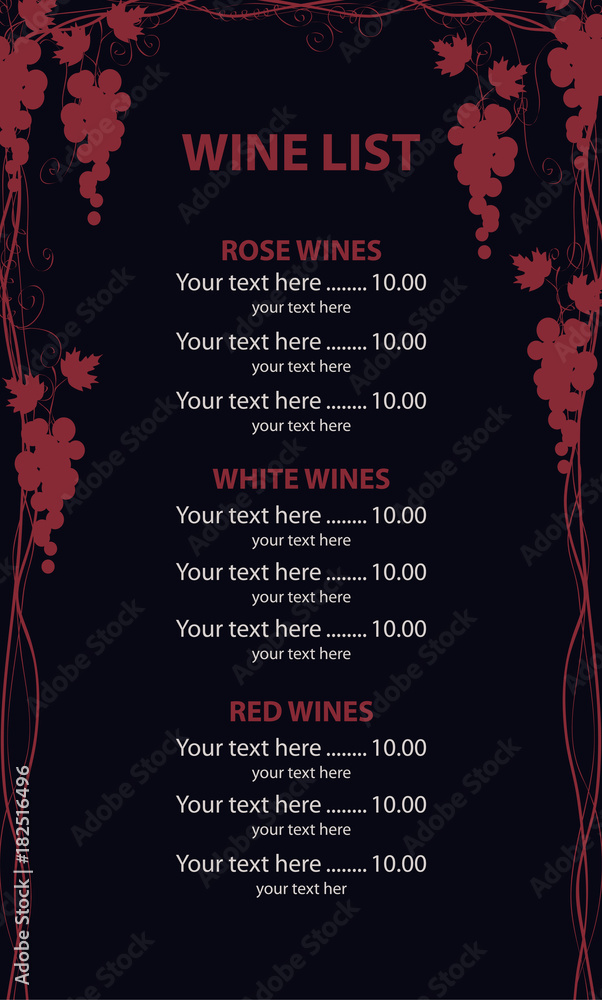 Poster vector wine list with a price. menu decorated with vines and bunches of grapes on black background