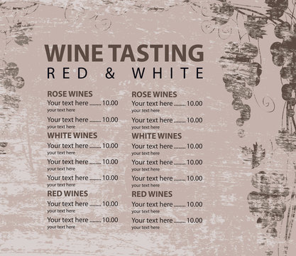 vector menu for wine tasting with price and bunch of grapes on the background of a wooden board texture