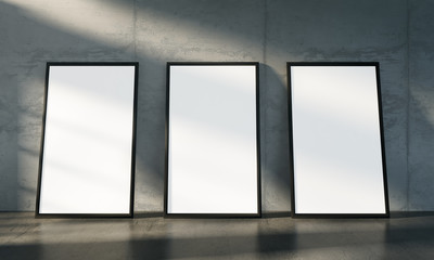 Modern concrete gallery room with directional morning sunny light. Product artwork presentation mock up. White isolated art frames. 3d rendering illustration