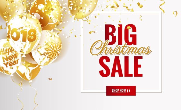 Big christmas sale poster. Beautiful winter background with golden balloons and frame. Voucher discount. Vector illustration
