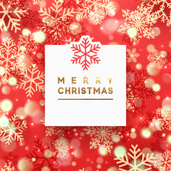 Christmas background with shining gold and red snowflakes. Square white frame with text Merry Christmas. Holiday card, vector Illustration.