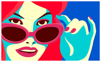 Cheeky redhead woman looking over sunglasses and smiling fashion minimal pop art style flat design vector illustration