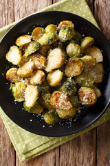 Healthy food: roast Brussels sprouts with a Parmesan cheese close-up on a plate. Vertical top view