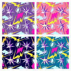 Abstract seamless pattern for girls, boys, clothes. Creative background with dots, geometric figures,stripes inscriptions. Funny wallpaper for textile and fabric. Fashion style. Colorful bright