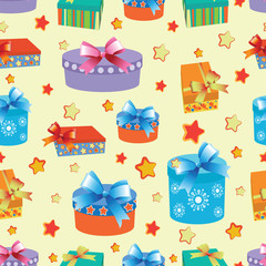 Boxes with gifts. Seamless pattern. Design for children's textiles and packaging materials, holiday gifts, background image.