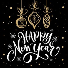 Happy New Year. Greeting card with calligraphy. Hand drawn design elements.