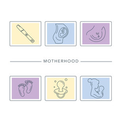 Pregnancy and childbirth vector line icons set. Preparing a woman for pregnancy and labor. Health care newborn baby. Breastfeeding and Motherhood.