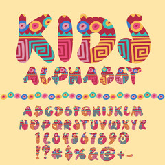 Children bright motley pattern Alphabet set. Colorful handwritten Letters, Numbers and Punctuation Symbols