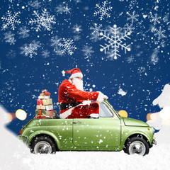 Santa Claus on car delivering Christmas or New Year gifts at snowy blue background