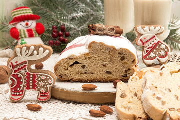 Traditional Christmas dresden cake stollen with candied fruits and almonds. Christmas New Year...