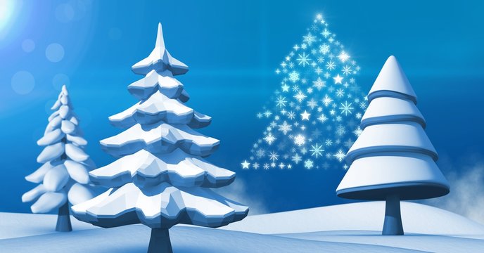 Snowflake Christmas tree shape with snow landscape