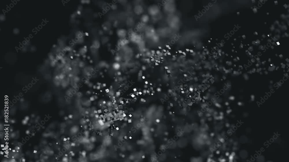 Poster abstract 3d rendering of chaotic particles. computer generated flying polygonal cubes in empty space
