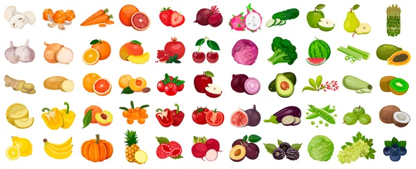 Foto op Plexiglas Set of berries and fruits, vegetables on a white background. Vector icon © Anastazi Li