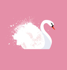 Vector flat illustration of a white swan with watercolor splashes. Vector element for your creativity