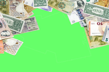  Currencies from USA, Turkey, Egypt, Uganda, Netherlands, Denmark, above and at the edge, a lot of space in the middle, green background