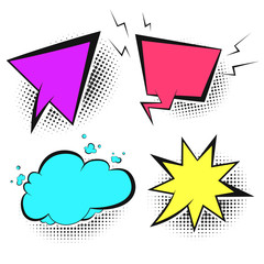 Colorful vector retro speech bubbles with white shadow and black halftone in pop art style. Bright outline color balloons for comics book or advertisement text, web design