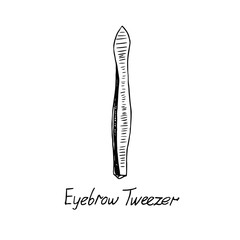 Eyebrow tweezer, hand drawn doodle sketch with inscription, isolated vector illustration