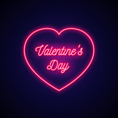 Neon signboard in shape heart with text Valentine's Day. Neon sign heart on dark background. Design element for greeting card, banner.