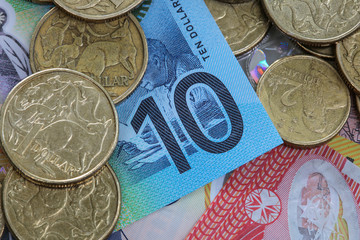 Australian Money featuring closeup partial detail of the latest ten dollar note.