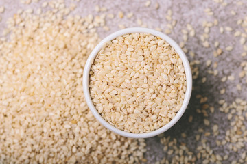 White sesame seeds. Copy space. Top view.