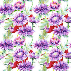 Fototapeta na wymiar Wildflower chrysanthemum flower pattern in a watercolor style. Full name of the plant: chrysanthemum, dahlia, marigold. Aquarelle wild flower for background, texture, wrapper pattern, frame or border.