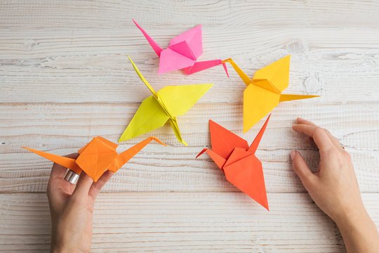 Origami. Orange and red paper bird figurines Japanese fascinating art