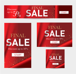 Christmas sale. Christmas discounts. The template for standard format banners: horizontal, vertical, square. Festive red background with gold letters and shine	
