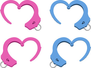 Handcuffs in the shape of hearts, pink and blue.