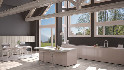 Obraz na płótnie Canvas Modern kitchen in classic villa, loft, big panoramic windows on summer spring meadow, white and gray minimalist interior design