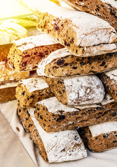 Rye ciabatta bread slices. Food background.