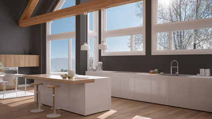 Modern kitchen in classic villa, loft, big panoramic windows on winter meadow, white and gray minimalist interior design