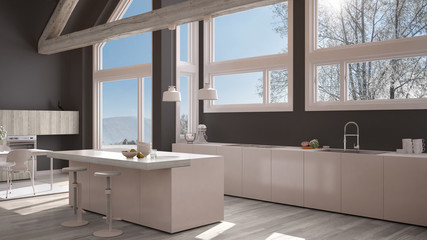 Modern kitchen in classic villa, loft, big panoramic windows on winter meadow, white and gray minimalist interior design