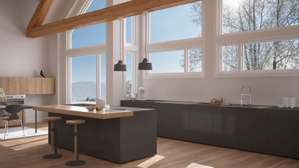 Modern kitchen in classic villa, loft, big panoramic windows on winter meadow, white and gray minimalist interior design