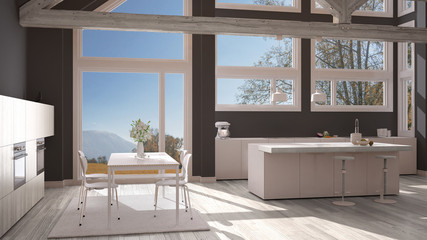 Modern kitchen in classic villa, loft, big panoramic windows on autumn meadow, white and gray minimalist interior design