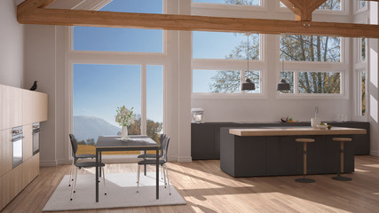 Modern kitchen in classic villa, loft, big panoramic windows on autumn meadow, white and gray minimalist interior design