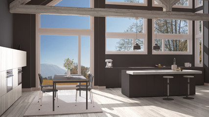 Modern kitchen in classic villa, loft, big panoramic windows on autumn meadow, white and gray minimalist interior design