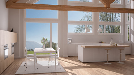 Modern kitchen in classic villa, loft, big panoramic windows on summer spring meadow, white minimalist interior design