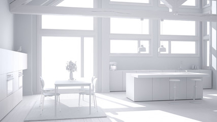 Total white project of modern kitchen in classic villa, loft, big panoramic windows, minimalist interior design