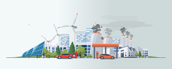 Vector illustration of renewable electric vs. fossil pollution power electricity resource. Electric car charging at  charger station with solar panels and wind turbines and fossil car refueling petrol