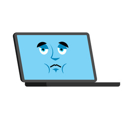 Computer sad emoji face avatar. Laptop sorrowful emotions. PC dull. Vector illustration