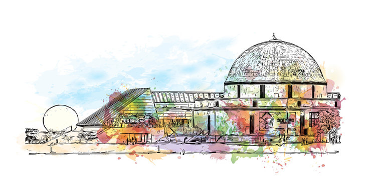 Watercolor splash with hand drawn sketch of The Adler Planetarium is a public museum dedicated to the study of astronomy and astrophysics Chicago, USA in vector illustration.