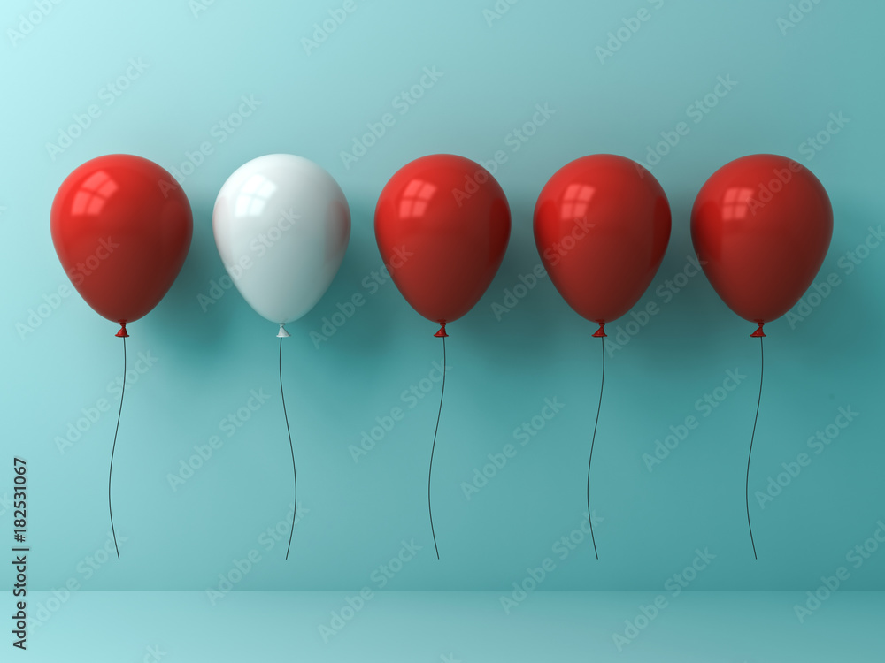 Aufkleber stand out from the crowd and different concept , one white balloon different from other red balloons